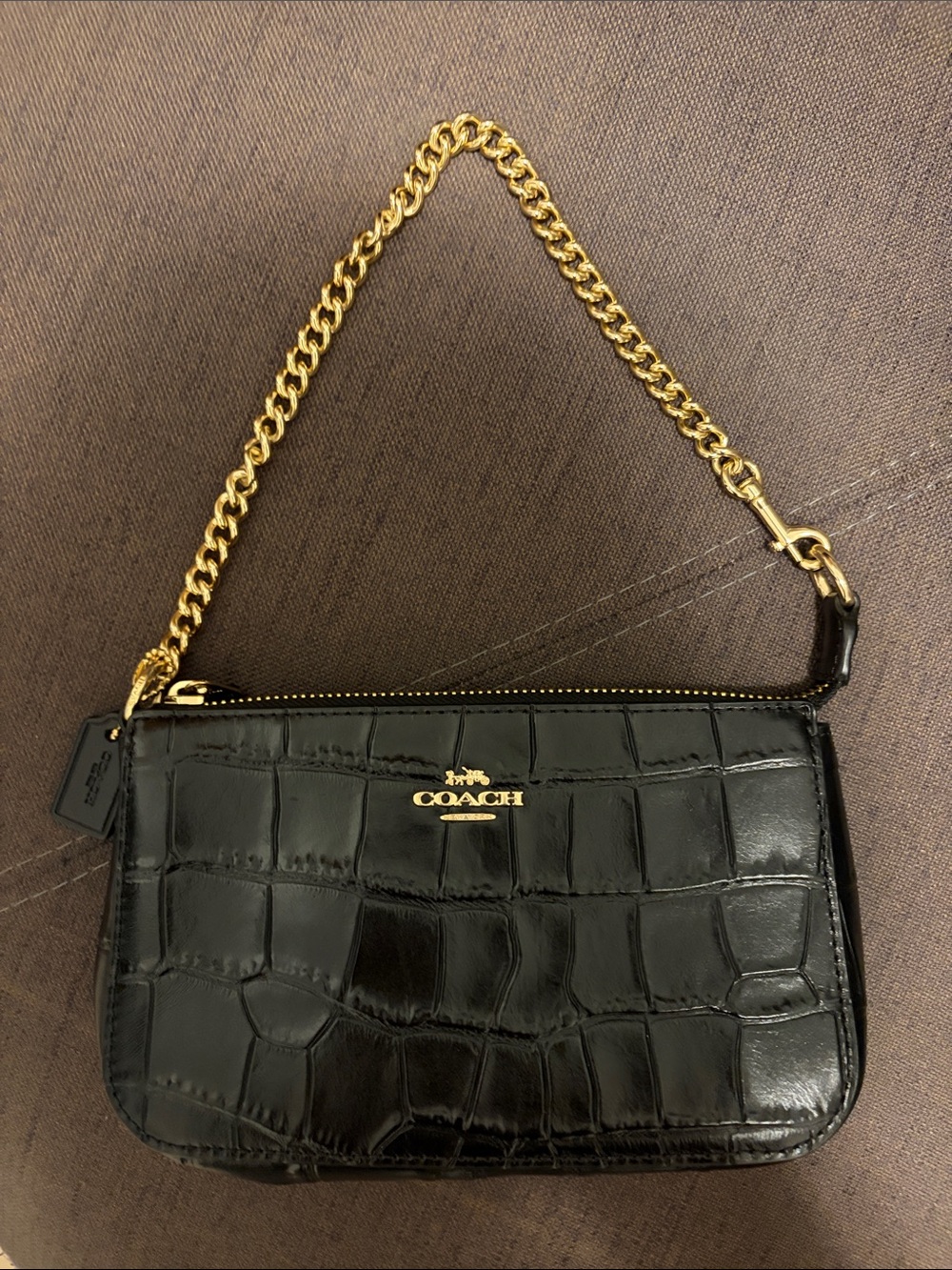 Coach Nikita 19 Black Croc-Embossed Wristlet with Gold Chain Strap